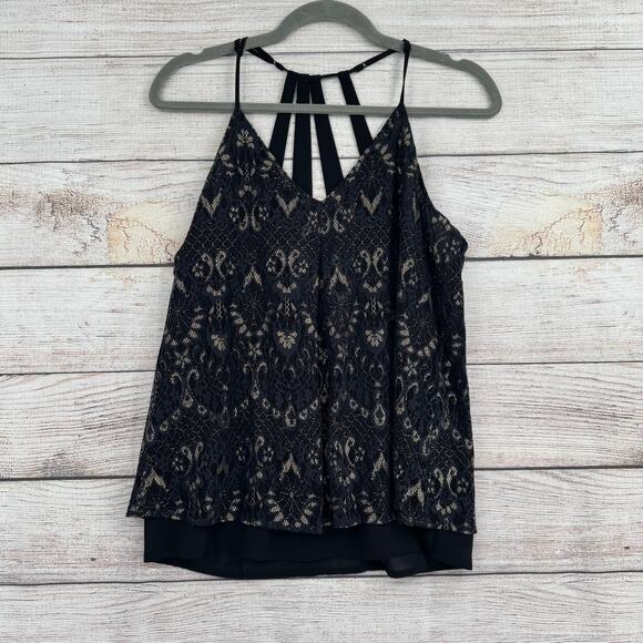 Lucky Brand Lace Multi Strap Blouse Womens Small Black Gold Lined Adjustable - Picture 1 of 9